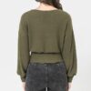 Knit Top with Wide Neckline and Smocked Waist – Olive