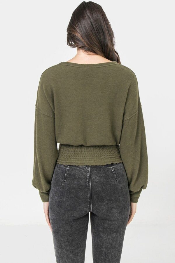 Knit Top with Wide Neckline and Smocked Waist – Olive