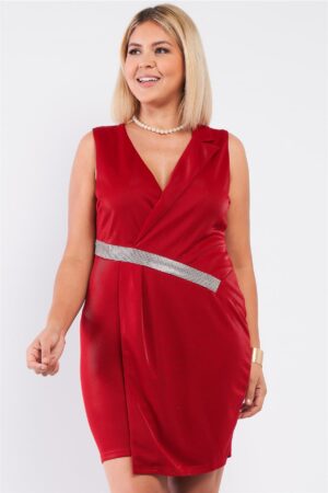 Plus-Size Sleeveless Asymmetrical Wrap Mini Blazer Dress – Deep Red