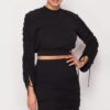 Ruched Long-Sleeve & Skirt Set – Black