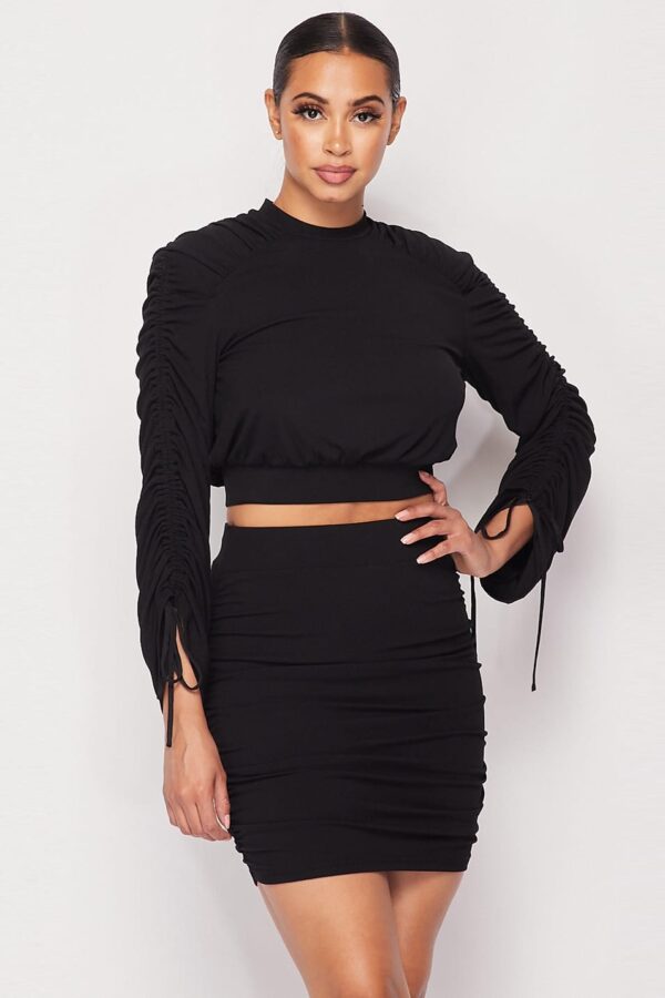 Ruched Long-Sleeve & Skirt Set – Black