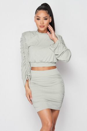 Ruched Long Sleeve & Skirt Set – Dusty Mint