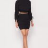 Ruched Long-Sleeve & Skirt Set – Black