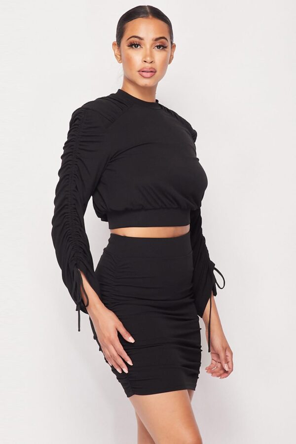Ruched Long-Sleeve & Skirt Set – Black