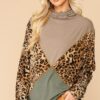 Mixed Knit Turtleneck Top with Animal Accent – Brown Mix