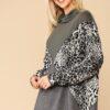 Mixed Knit Turtleneck Top – Animal & Solid Knit, Grey Mix