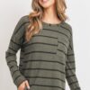 Striped Front-Pocket Top with Round Collar – Olive Multicolor