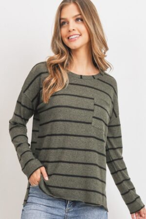 Striped Front-Pocket Top with Round Collar – Olive Multicolor