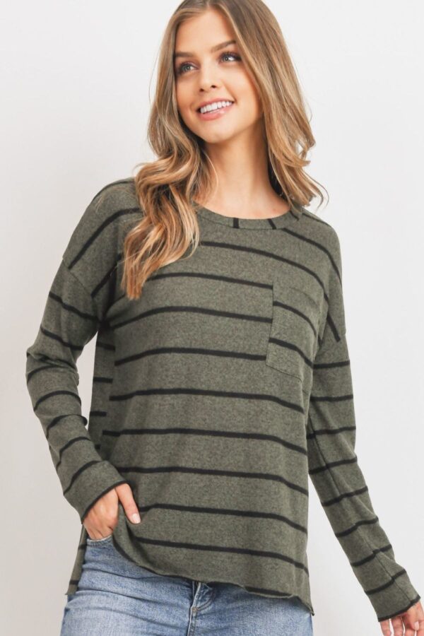 Striped Front-Pocket Top with Round Collar – Olive Multicolor