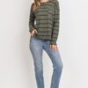 Striped Front-Pocket Top with Round Collar – Olive Multicolor
