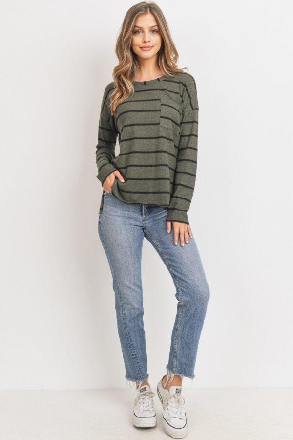 Striped Front-Pocket Top with Round Collar – Olive Multicolor