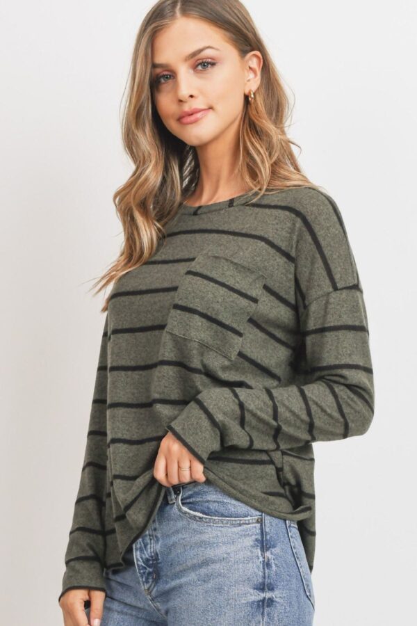 Striped Front-Pocket Top with Round Collar – Olive Multicolor