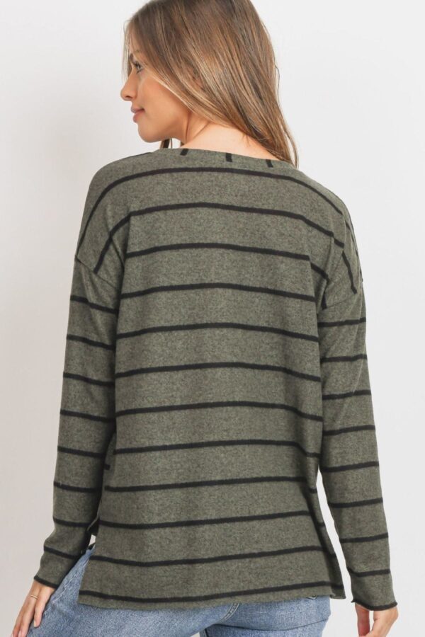 Striped Front-Pocket Top with Round Collar – Olive Multicolor