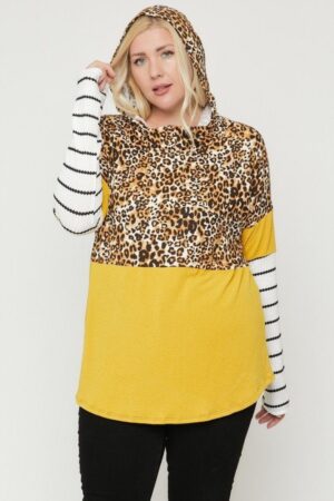 Plus Size Colorblock Hoodie with Cheetah Print – Mustard