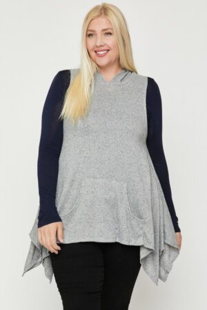 Plus-Size Two-Tone Sleeveless Knit Top with Hood – Heather Grey