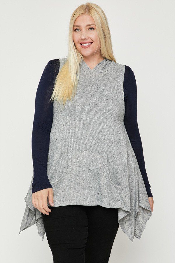 Plus-Size Two-Tone Sleeveless Knit Top with Hood – Heather Grey