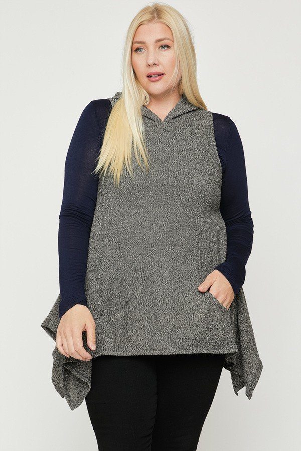 Plus-Size Two-Tone Knit Sleeveless Top – Hooded Mocha