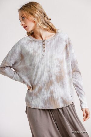 Tie-Dye Ribbed Button-Front Top with Round Hem
