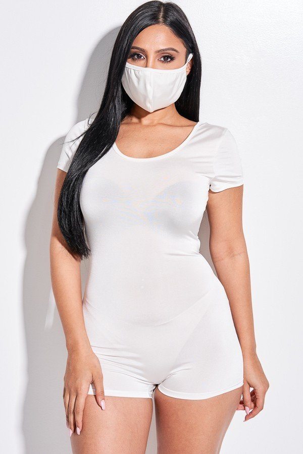 Scoop-Neck Short-Sleeve Romper & Face Mask Set – Off White