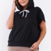 Plus Size Relaxed Hooded Top with White Drawstring – Black