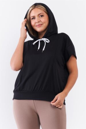 Plus Size Relaxed Hooded Top with White Drawstring – Black