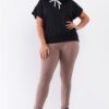 Plus Size Relaxed Hooded Top with White Drawstring – Black