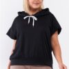 Plus Size Relaxed Hooded Top with White Drawstring – Black