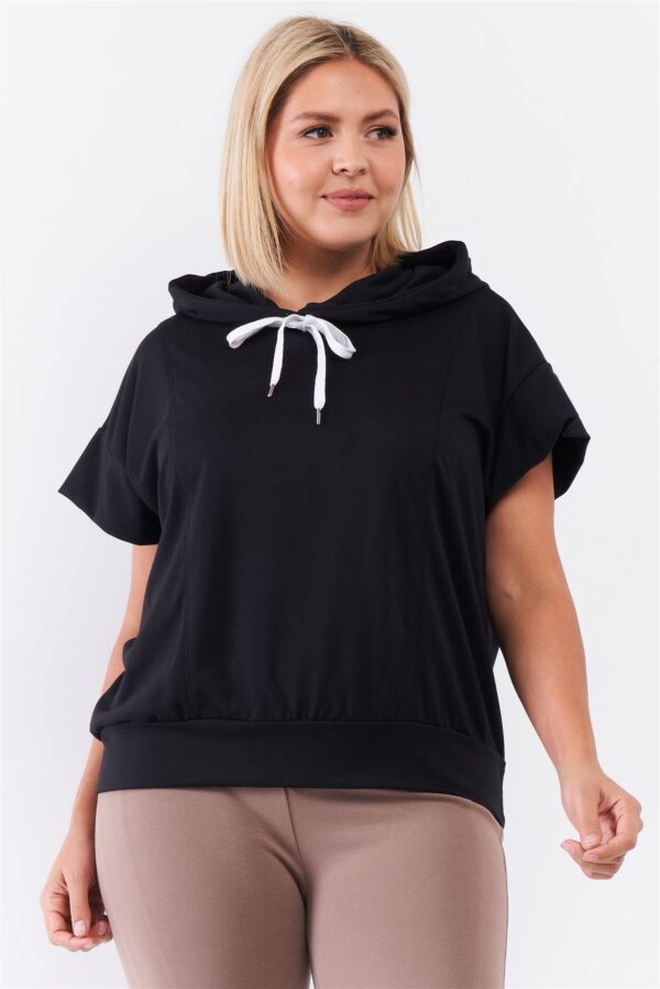 Plus Size Relaxed Hooded Top with White Drawstring – Black