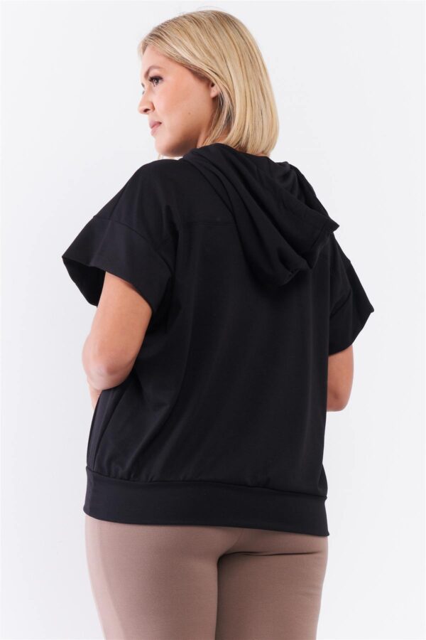 Plus Size Relaxed Hooded Top with White Drawstring – Black