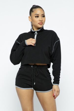 Zipper Crop Top & High-Waist Shorts Set – Black