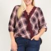Plus-Size Plaid 3/4 Sleeve Top with Hi-Lo Hem – Wine