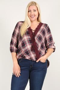 Plus-Size Plaid 3/4 Sleeve Top with Hi-Lo Hem – Wine