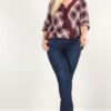 Plus-Size Plaid 3/4 Sleeve Top with Hi-Lo Hem – Wine