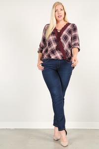 Plus-Size Plaid 3/4 Sleeve Top with Hi-Lo Hem – Wine