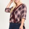 Plus-Size Plaid 3/4 Sleeve Top with Hi-Lo Hem – Wine