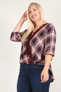 Plus-Size Plaid 3/4 Sleeve Top with Hi-Lo Hem – Wine
