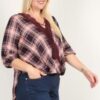 Plus-Size Plaid 3/4 Sleeve Top with Hi-Lo Hem – Wine