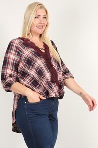 Plus-Size Plaid 3/4 Sleeve Top with Hi-Lo Hem – Wine