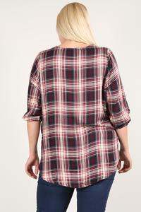 Plus-Size Plaid 3/4 Sleeve Top with Hi-Lo Hem – Wine