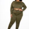 Off-Shoulder Cropped Top & Ruched Leggings Set – Olive (Plus Size)