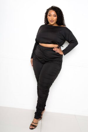 Off-Shoulder Cropped Top & Ruched Leggings Set – Black (Plus Size)