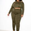 Off-Shoulder Cropped Top & Ruched Leggings Set – Olive (Plus Size)