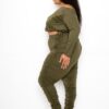 Off-Shoulder Cropped Top & Ruched Leggings Set – Olive (Plus Size)