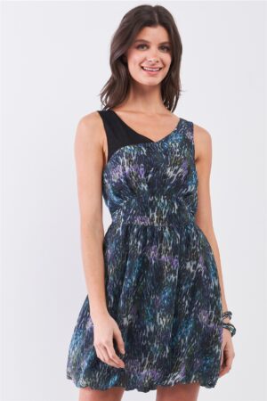 Mesh V-Neck Mini Dress with Self-Tie Waist – Navy