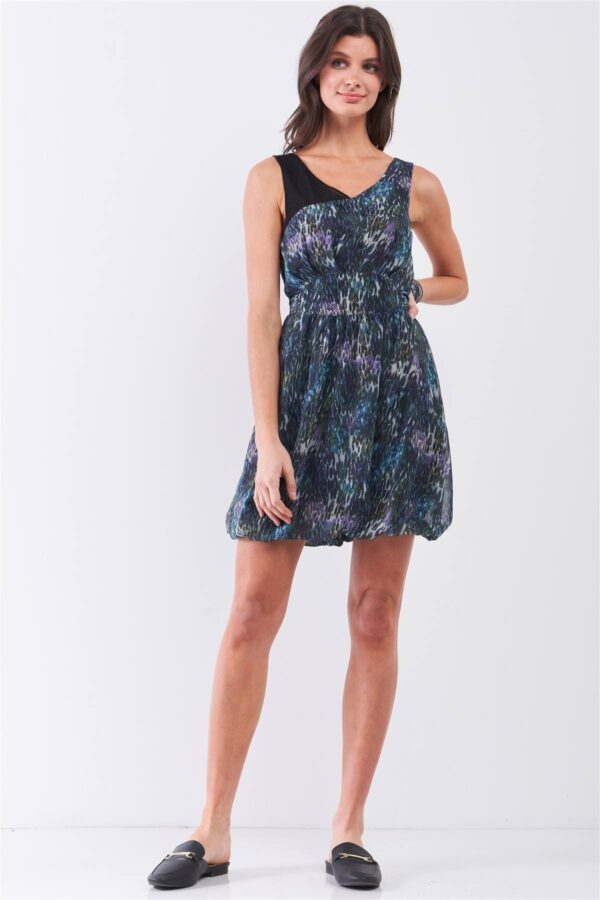 Mesh V-Neck Mini Dress with Self-Tie Waist – Navy