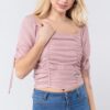 Smocked Ruched Elbow-Sleeve Woven Top – Mauve