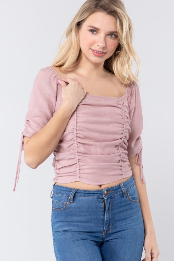 Smocked Ruched Elbow-Sleeve Woven Top – Mauve