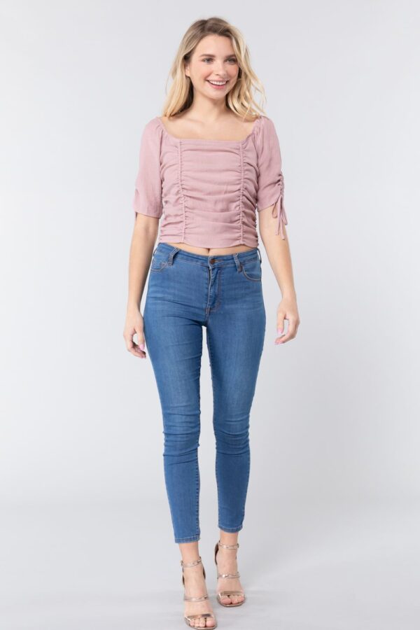 Smocked Ruched Elbow-Sleeve Woven Top – Mauve