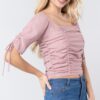 Smocked Ruched Elbow-Sleeve Woven Top – Mauve