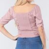Smocked Ruched Elbow-Sleeve Woven Top – Mauve